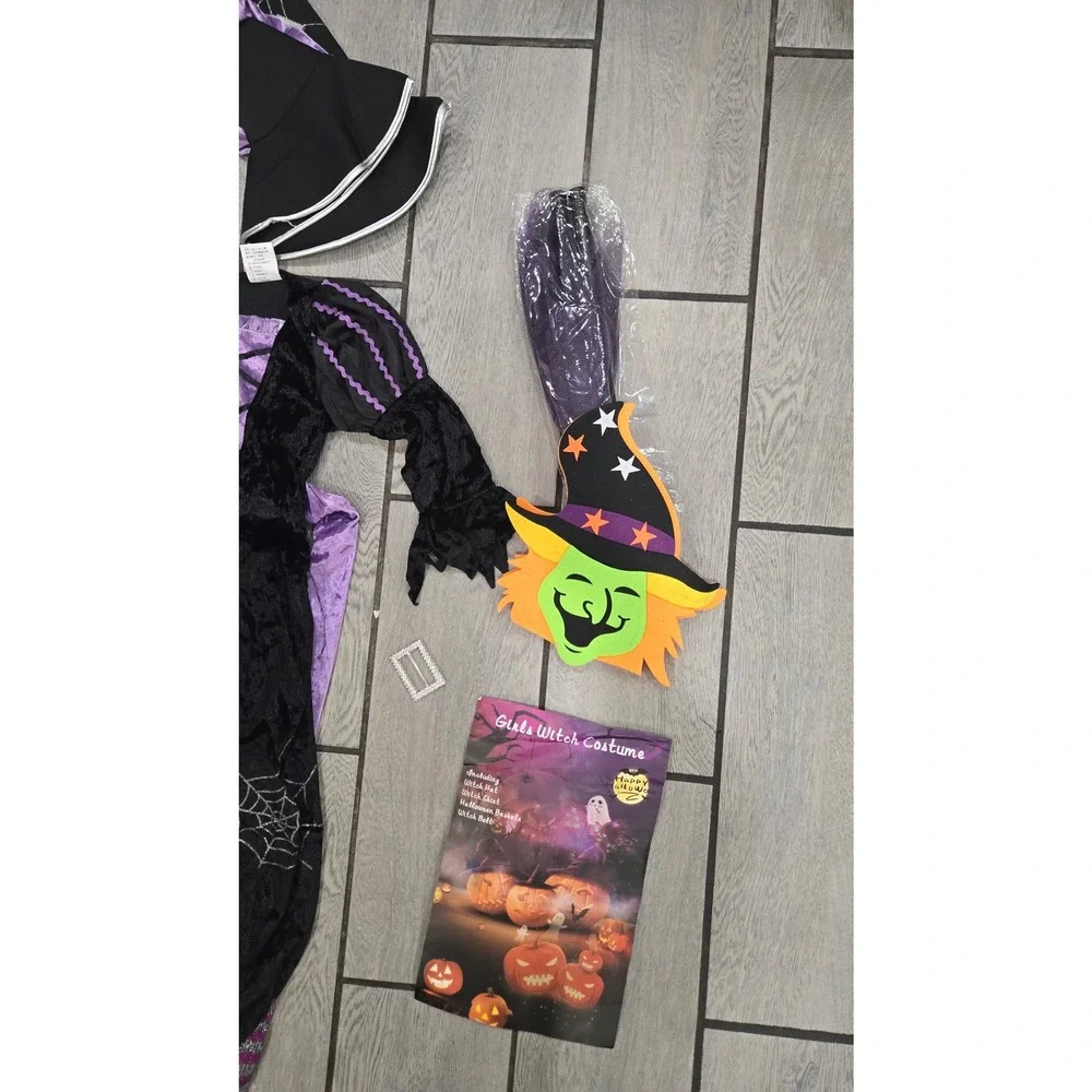 Girls Witch Costume Halloween Outfit Dress‎ Hat Broom Mask Small (120-130cm)